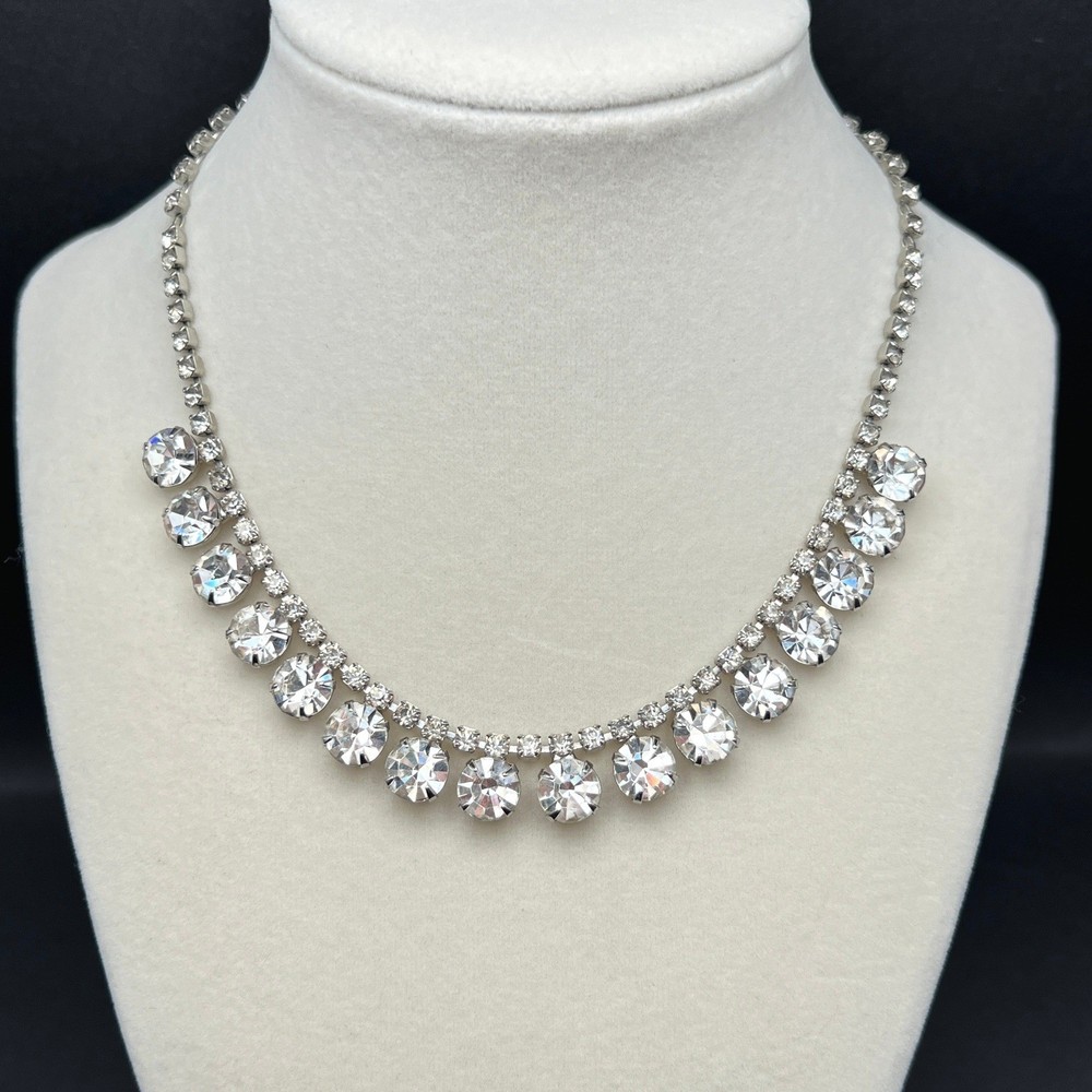 Vintage Rhinestone Necklace Choker Silver Tone Clear 16″ READ
