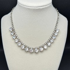 Vintage Rhinestone Necklace Choker Silver Tone Clear 16″ READ