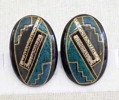 Vintage Art Deco Revival Resin Black Green Oval Pierced Earrings 1-3/16″