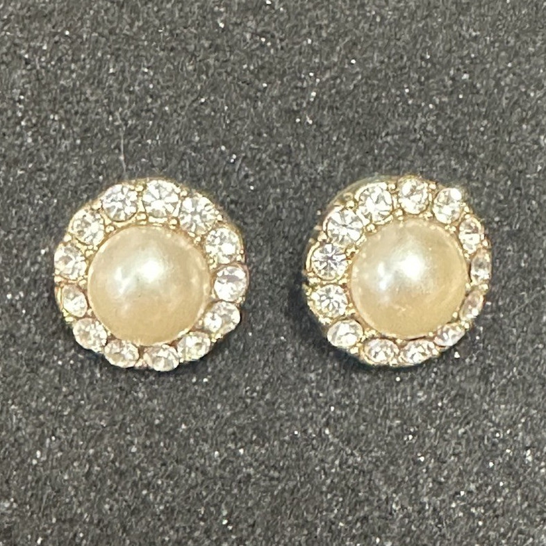 Vintage Gold Tone White Imitation Pearl Round Rhinestone Halo Stud Earrings