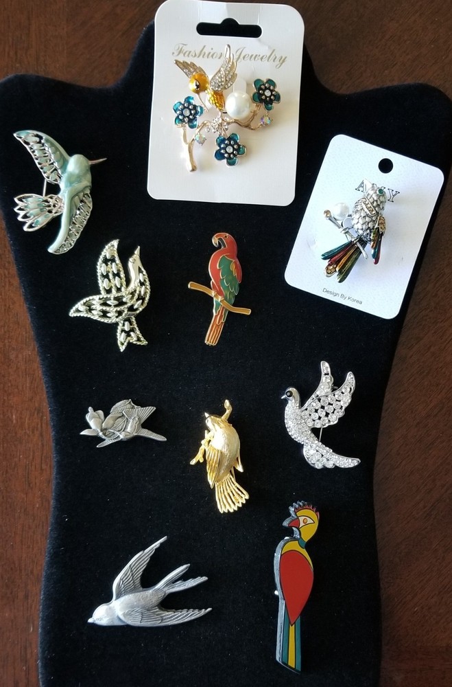 Lot of 10 ~ New to Vintage Bird Pin Brooches ~ Enamel – Rhinestone – Mixed Metal