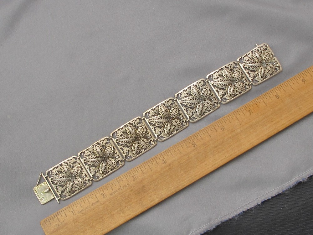 Vintage STERLING GERMANY Wide FILIGREE LINK BRACELET w/ MARCASITES-7 7/8 Inch