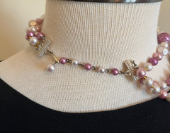 Vintage 1950s Pink Cream Swirl Beaded Triple Strand Necklace Signed Japan Retro