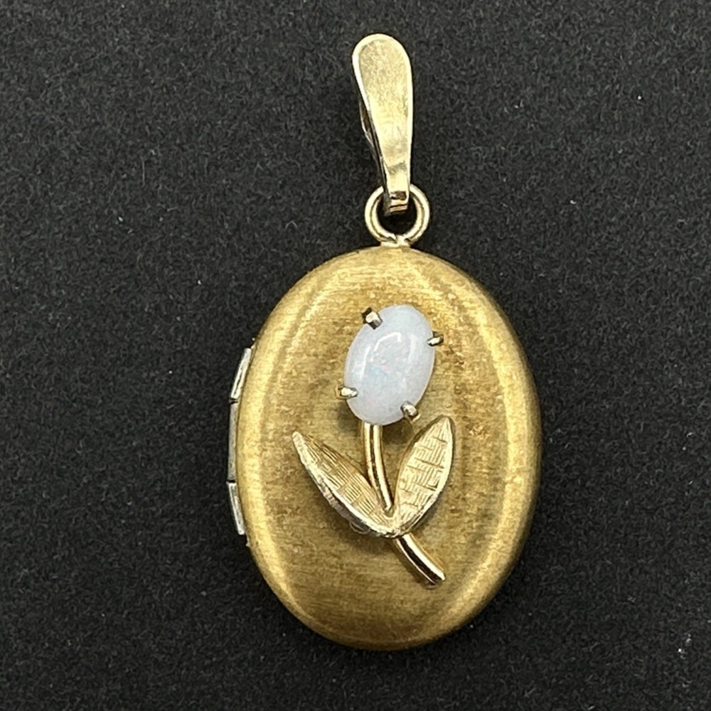 TULIP gold-plated locket – faux opal flower – 1.25″ oval pendant holds 2 photos