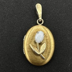 TULIP gold-plated locket – faux opal flower – 1.25″ oval pendant holds 2 photos