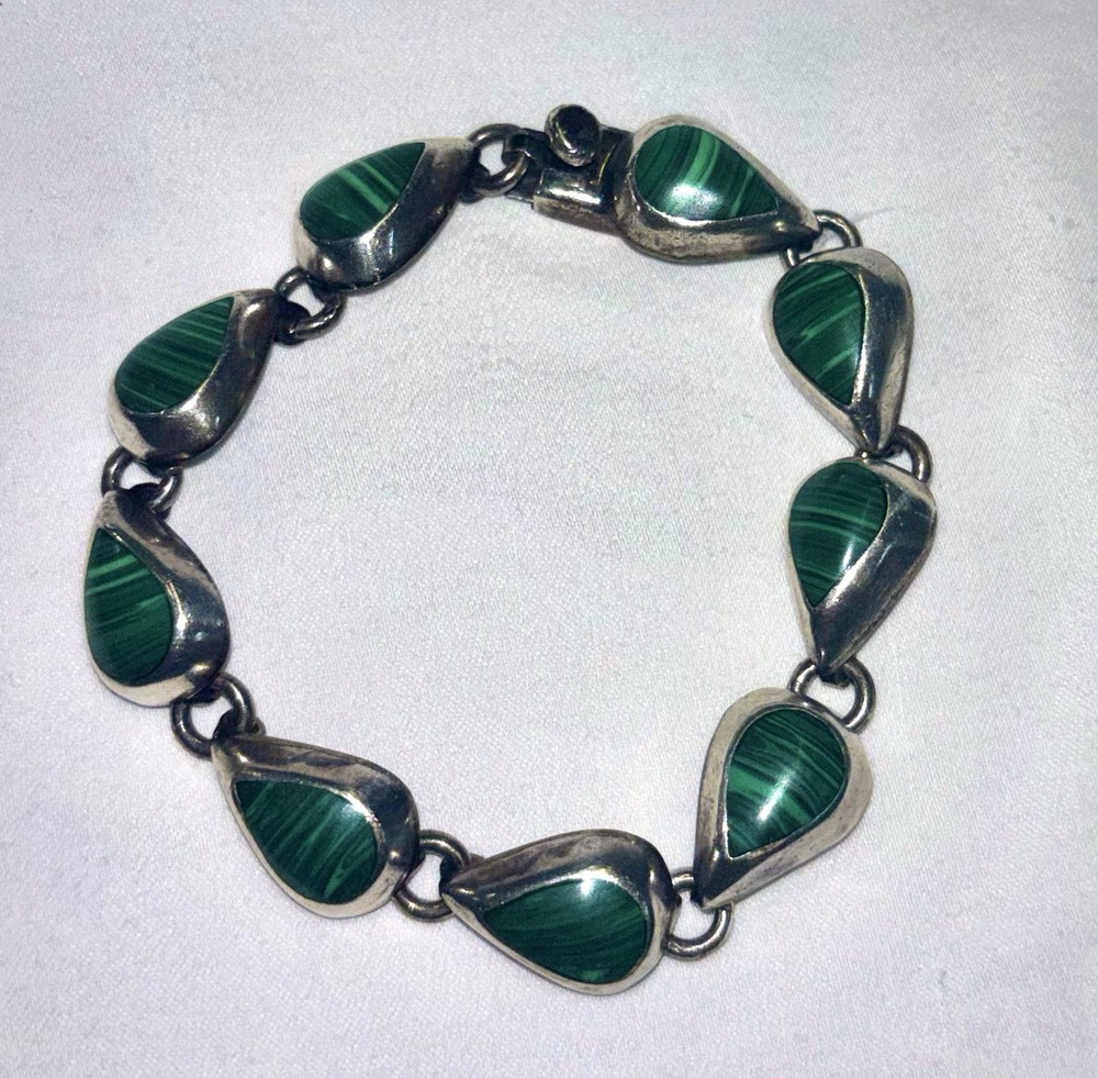 Vintage Mexican Sterling Silver Malachite Bracelet 925 MEXICO 27.48G TW 7″