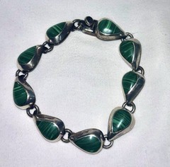 Vintage Mexican Sterling Silver Malachite Bracelet 925 MEXICO 27.48G TW 7″