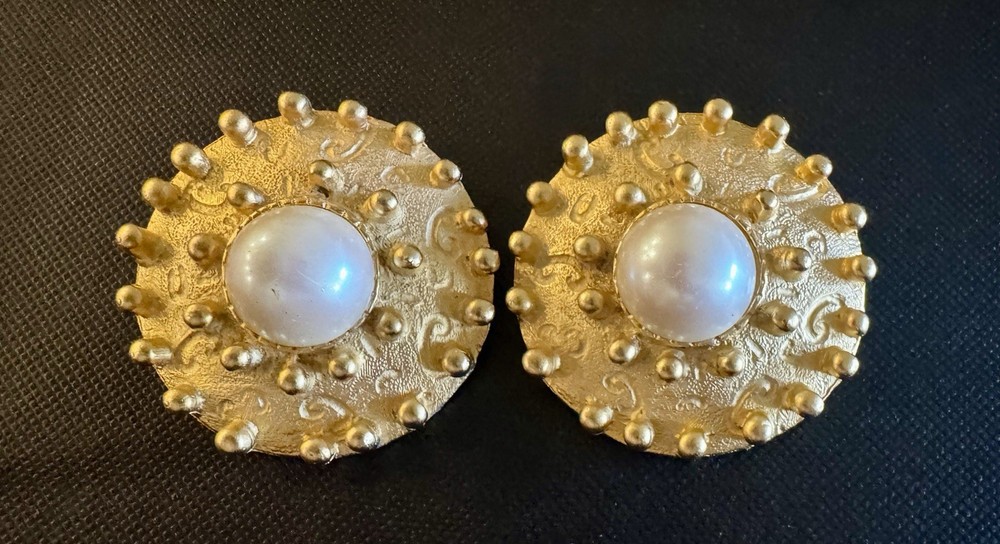 Vintage Gold Pearl Earrings Delizza Elster D&E Huge Statement Textured 80s 1980s