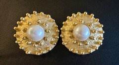 Vintage Gold Pearl Earrings Delizza Elster D&E Huge Statement Textured 80s 1980s