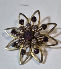 Vintage Purple Rhinestone & Gold-Tone Layered Flower Brooch Pin