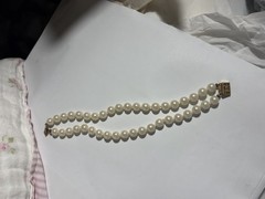 Woman’s Double Strand Pearl Bracelet Measuring 7 Inches Square Clasp Looks Gold