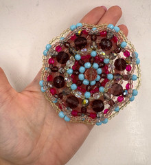 HUGE ROSETTE VINTAGE BROOCH HAND-WIRED GLASS BEADS 4″ COLORFUL ATTRACTIVE FLOWER