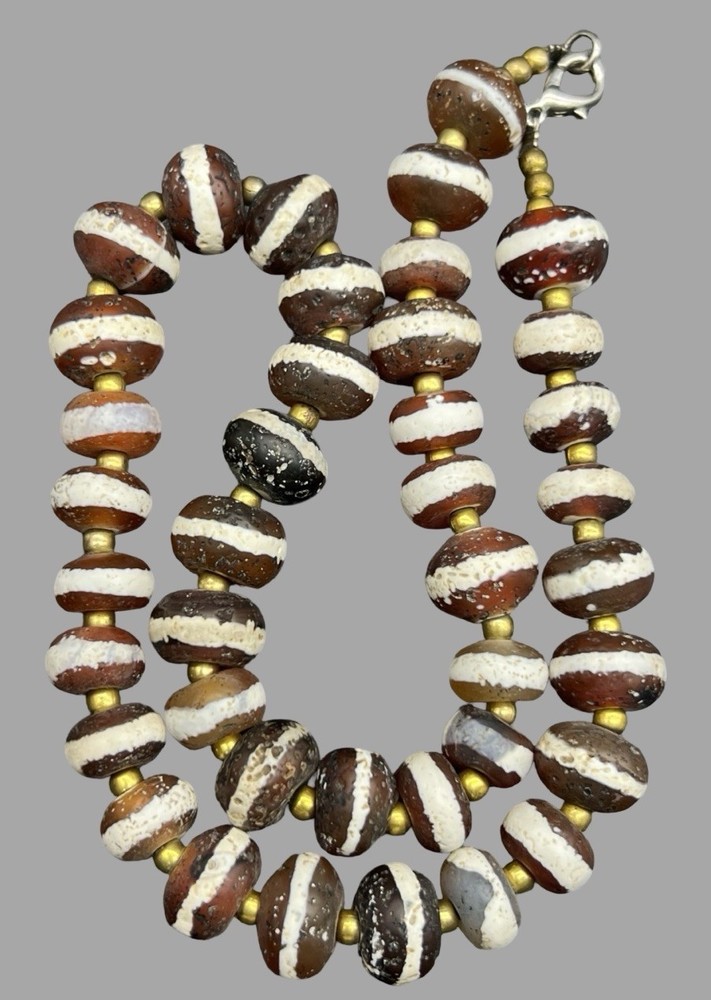 Tibetan Nepal Etched Agate Beads Lot,single Line Agate Decorated Necklace 1900