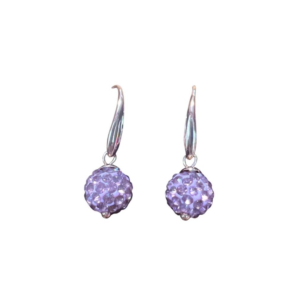 Vintage Pink Crystal Pavé Disco Ball Drop Earrings Silver Tone French Wire Hook