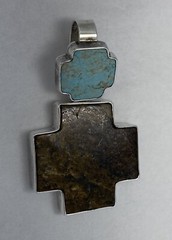 Large Pendant Square Double Cross Howlite & Bronzite Blue Brown 2 3/4″
