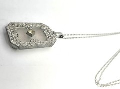 Camphor glass rhodium plated filigree vintage pendant necklace
