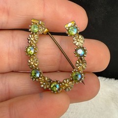Vintage Rhinestone Horseshoe Brooch Gold Tone AB Green Sparkle