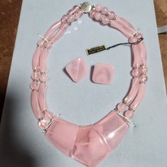 Vtg 80’s Pink Lucite Necklace Earring Set Hong Kong Moonglow Geometric Statement