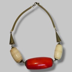 Vintage Tribal Bead Necklace Red Center Carved Beads Brass Boho Ethnic 18″