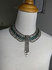 Hobe Signed Clear & Green Glass Rhinestone Necklace 16.5” With 3.75” Fringe VTG