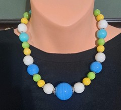 Vintage 1980s Chunky Beaded Necklace Blue, Green, Yellow And White 18 Inches