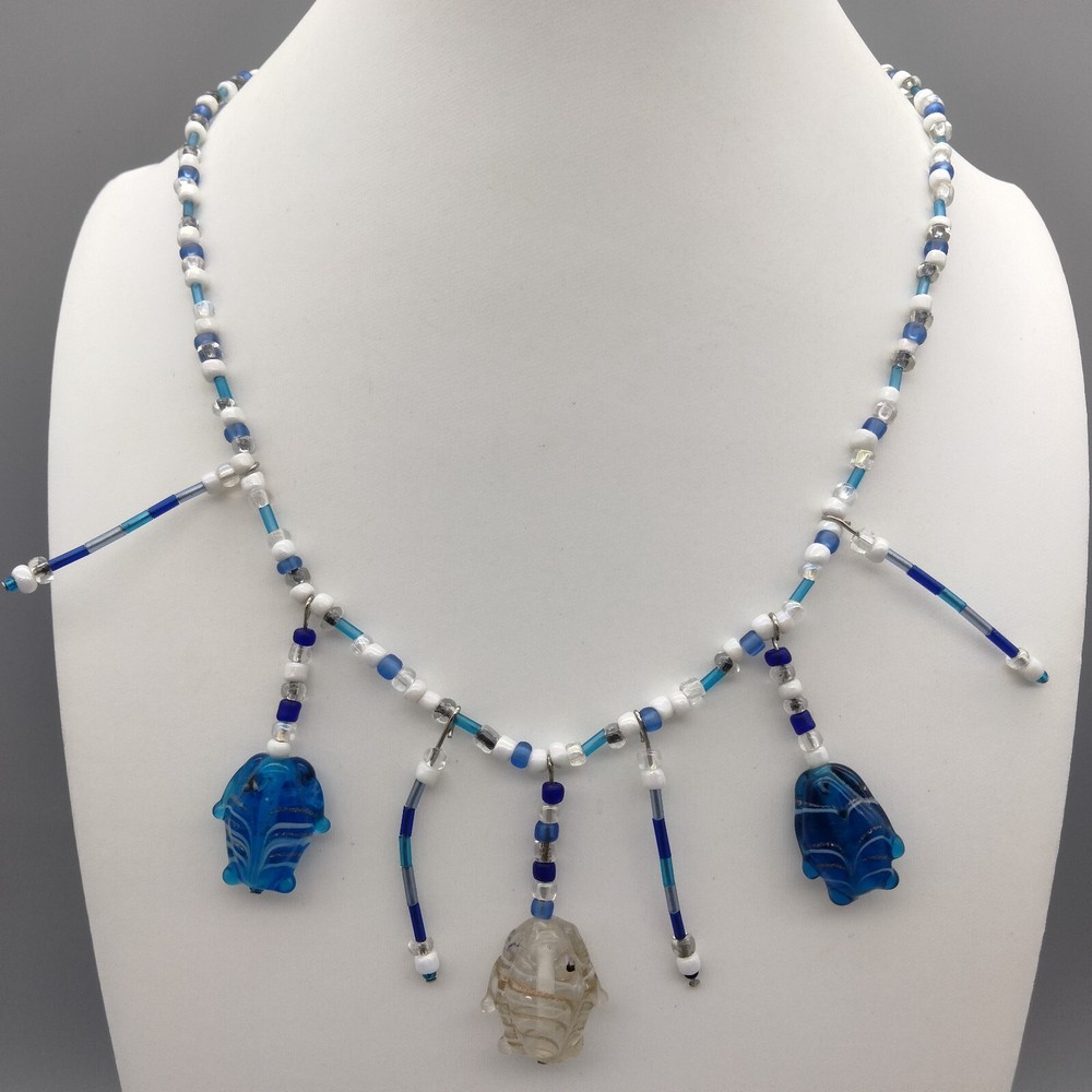 Tropical Fish Art Glass Necklace Artisan Made Bead 19″ Vintage MermaidCore Beach
