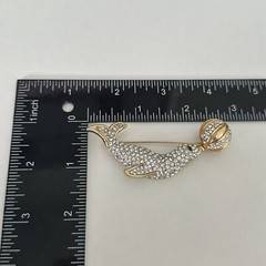 Vintage Clear Rhinestone Green Eyed Seal With Ball Gold Tone Animal Brooch Pin