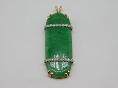 CHINESE EXPORT 14K YELLOW GOLD GREEN JADE DIAMOND STONE PENDANT