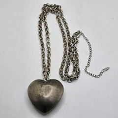 Vintage Puffy Heart Pendant Necklace Silver Tone Signed VCLM Long Chain 32in