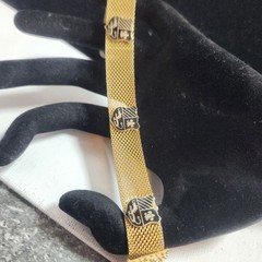 Vintage Gold Tone Mesh Bracelet Heraldic Shield Black Enamel Lion Fleur-de-lis
