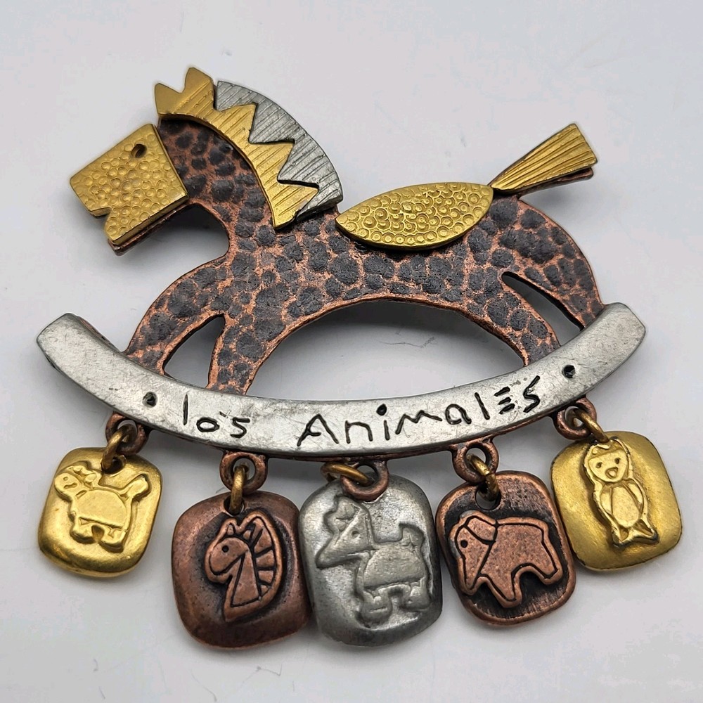 Vintage Mixed Metal Rocking Horse Los Animales Charm Pin Brooch LC Liz Claiborne