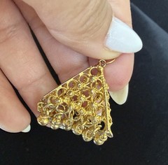 Gold Tone Filigree Dangle Pendant Boho Ethnic Tribal Charm w/ Bead Fringe