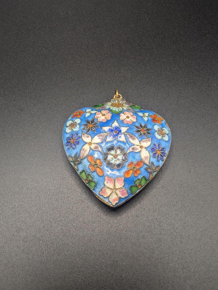 Vintage Puffy Cloisonne Enamel Floral Heart Pendant Double Sided Gold Tone