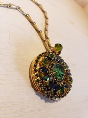 Vintage Hobe Green and Blue Rhinestones Pendant Locket Necklace