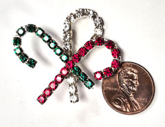 Vintage Holiday White, Red & Green Rhinestone Christmas Candy Canes Pin / Brooch