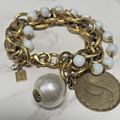 Vintage JOHN WIND Faux Pearl Multi strand Gold Tone Chain Initial “J” Bracelet