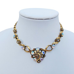 Vintage Florenza Victorian Style Choker Necklace Gold Tone AB Rhinestone Signed