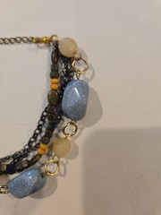 Vintage Gold Tone Multi Strand Bracelet With Blue, Wood, And Tan
