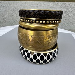 Geometric Brass Bracelet Stack Enamel Bangle Vintage Leather Black White Safari