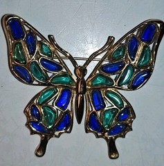 Trifari Philippe ‘Modern Mosaics’ Emerald & Sapphire Poured Glass Butterfly Pin
