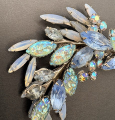 Vintage Light Blue AB Aurora Borealis Crystal Moonstone Glass Navette Brooch