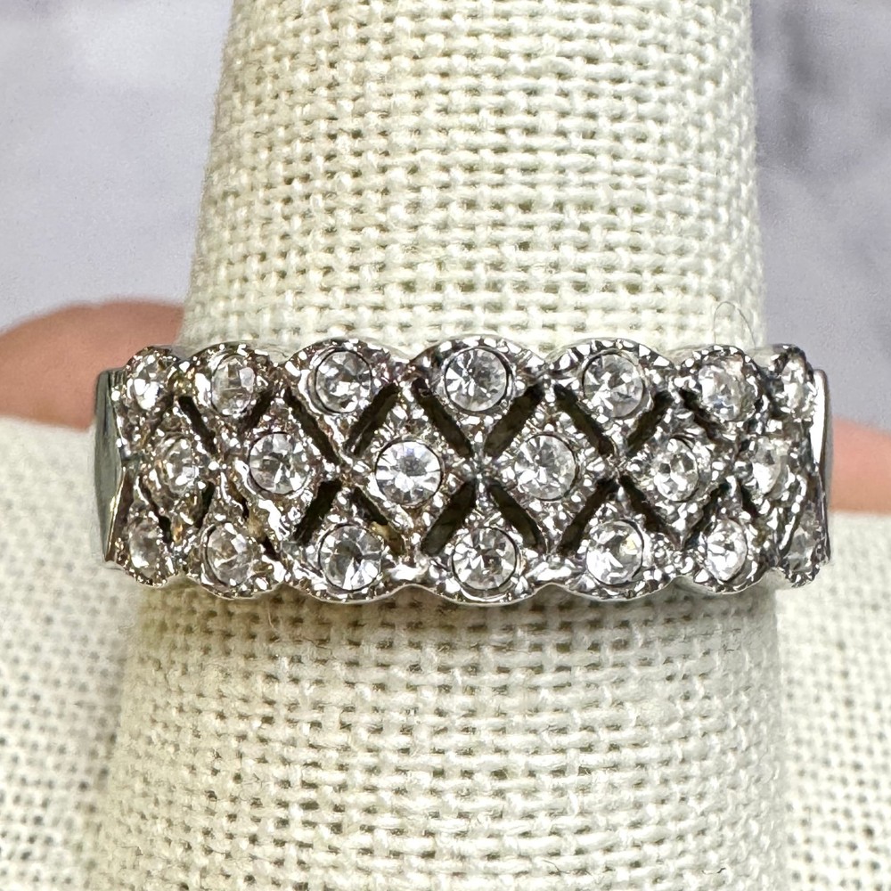 Vintage AVON Silver Tone Filigree Band Ring Clear CZ Crystals Size 9.75