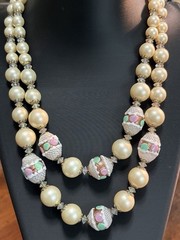 Hobe Double Strand Faux Pearl Venetian Wedding Cake Glass Bead Necklace 16-17”