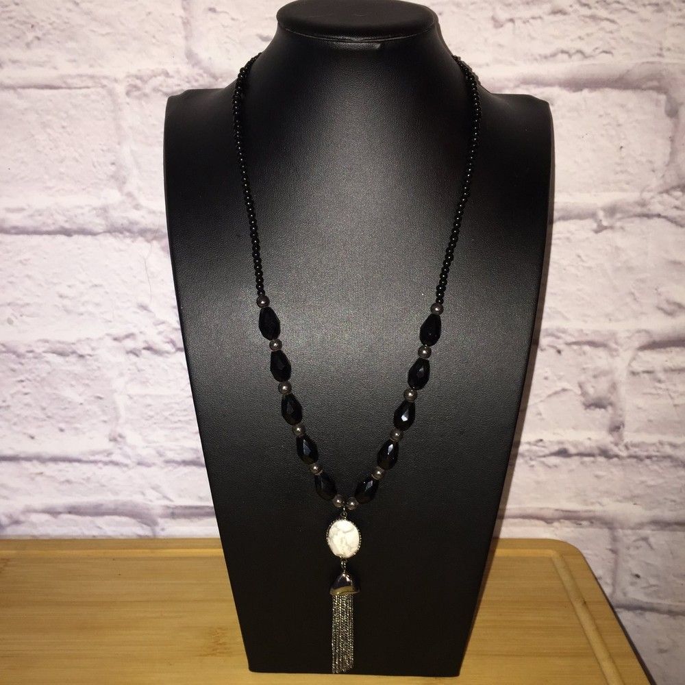 Statement Tassel Necklace Black Beaded Silver-Tone Howlite-Style Acrylic