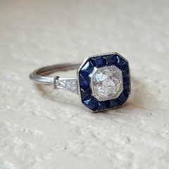 Vintage Art Deco Lab Created Diamond & Sapphire Halo Target 925 Silver Ring