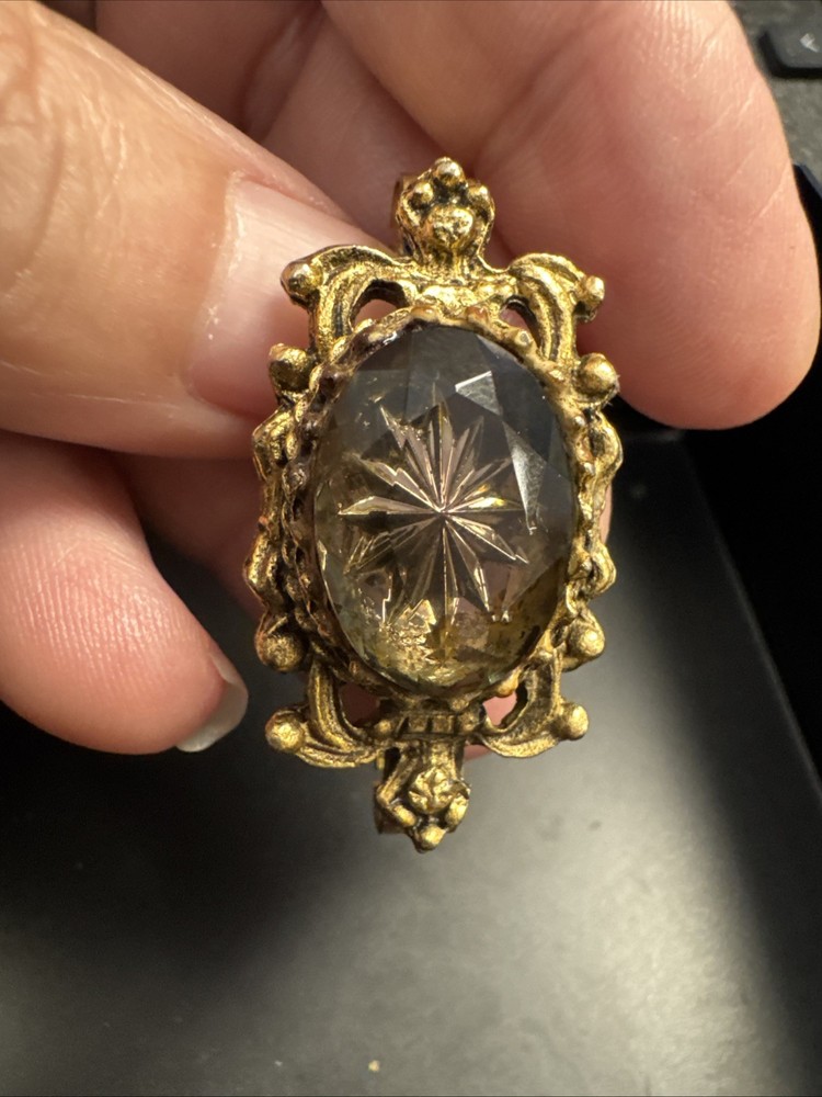 Vintage Scarf Clip Mid Century BOHO 60s Hinged Glass Cabochon Gold Tone Etched