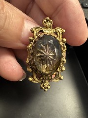Vintage Scarf Clip Mid Century BOHO 60s Hinged Glass Cabochon Gold Tone Etched