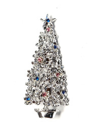 Vintage Silver Tone – Pink & Blue Rhinestone Christmas Tree Pin / Brooch