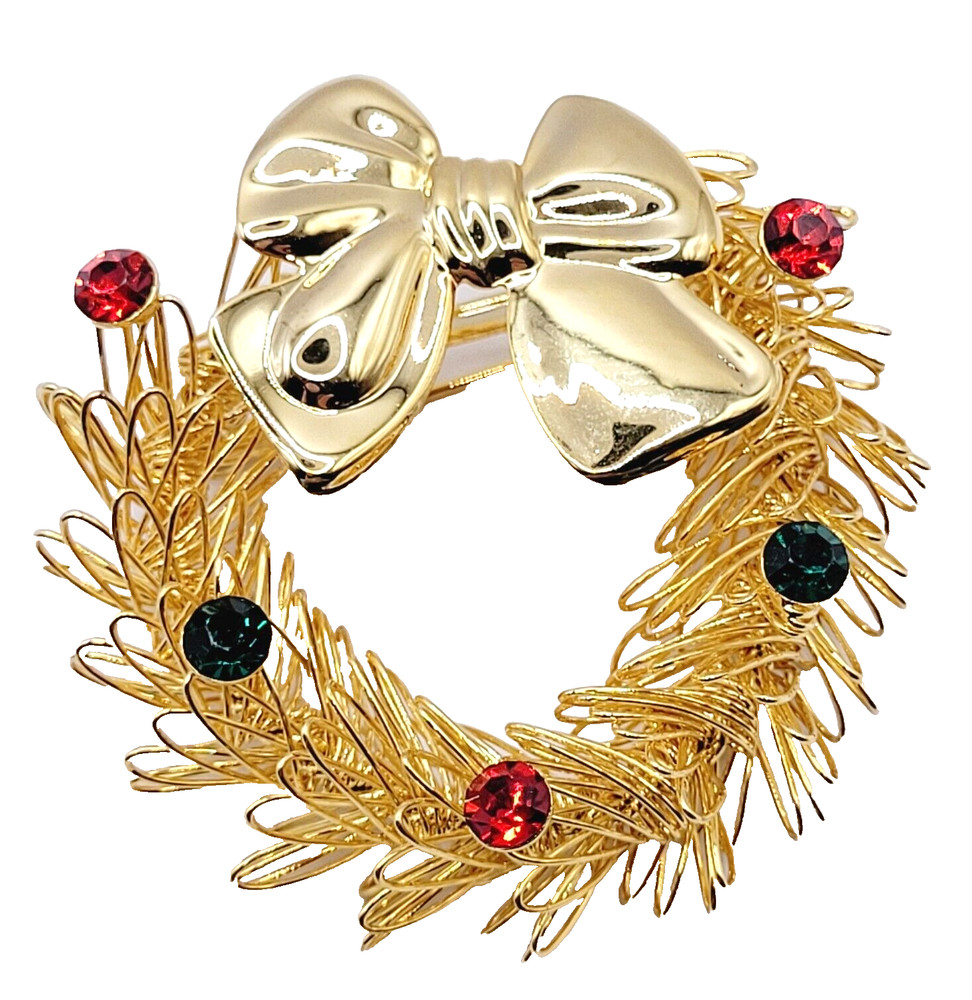 Christmas Holiday Wreath Gold Tone Loop Wire with Red & Green Rhinestones Brooch