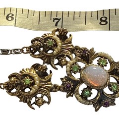 Victorian Revival Faux Fire Opal Pearl Necklace Antique Style Gold Tone Statemen